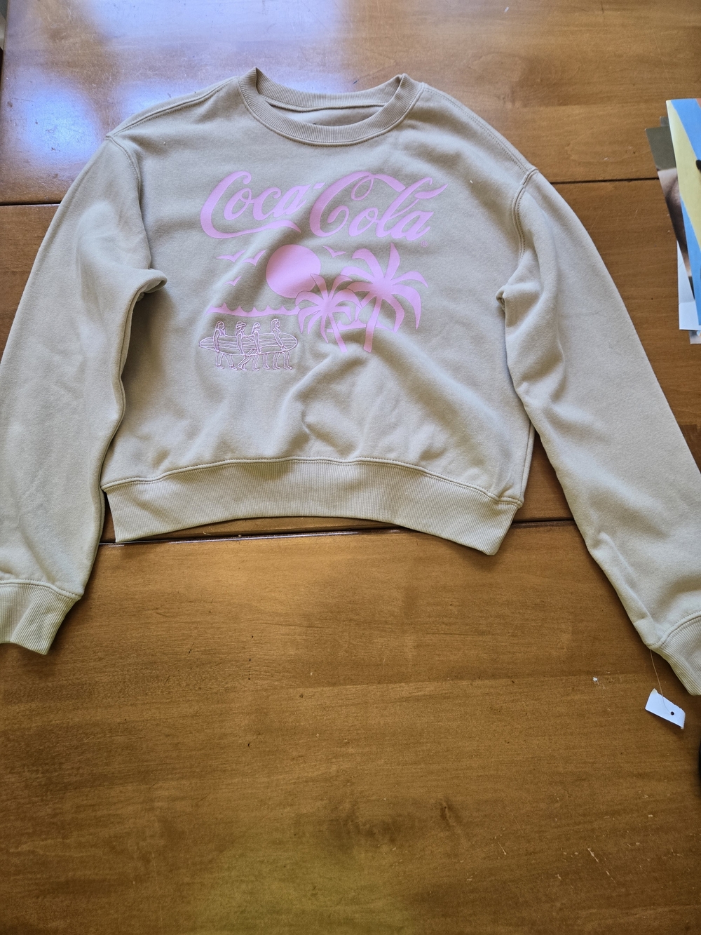 Coca Cola Women's Beige Crop Sweatshirt with Pink Graphic